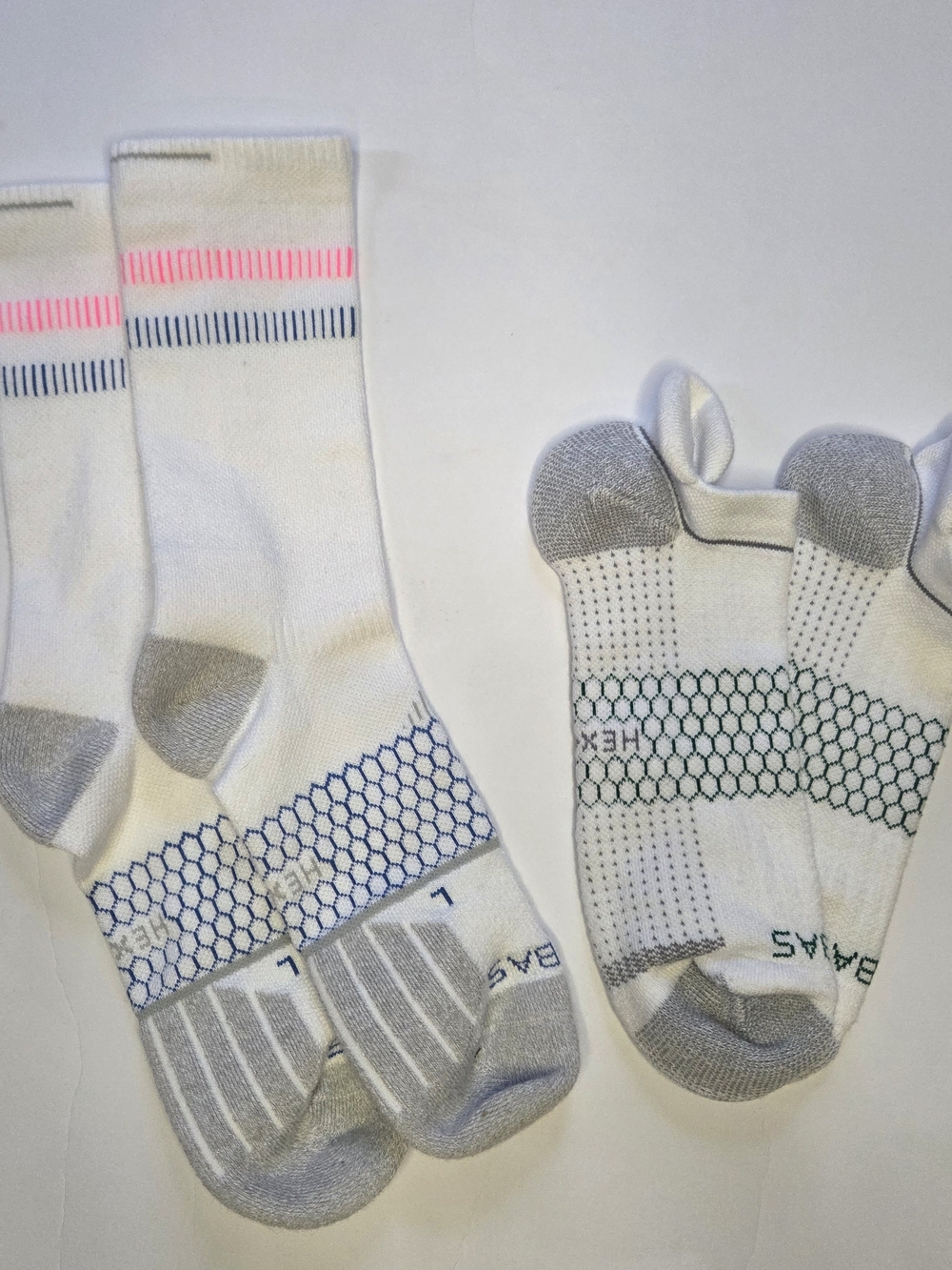 Bombas White Crew Socks with Pink and Blue Accents